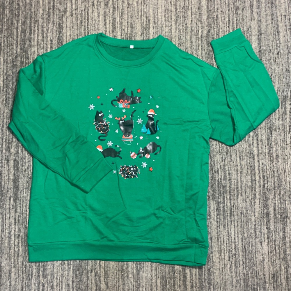 Christmas Cat Sweatshirt Womens L Green Holiday Cats‎ Graphic Print Sweatshirt